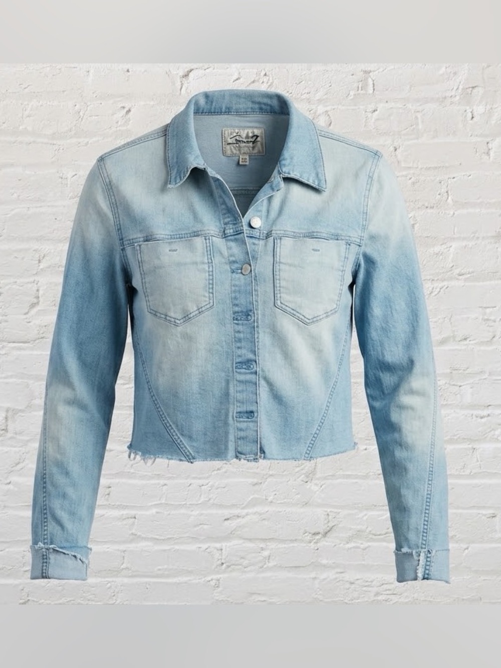 Seven7 Cropped Denim Jacket Womens XL Light Wash Raw Frayed Hem Button Jean Coat